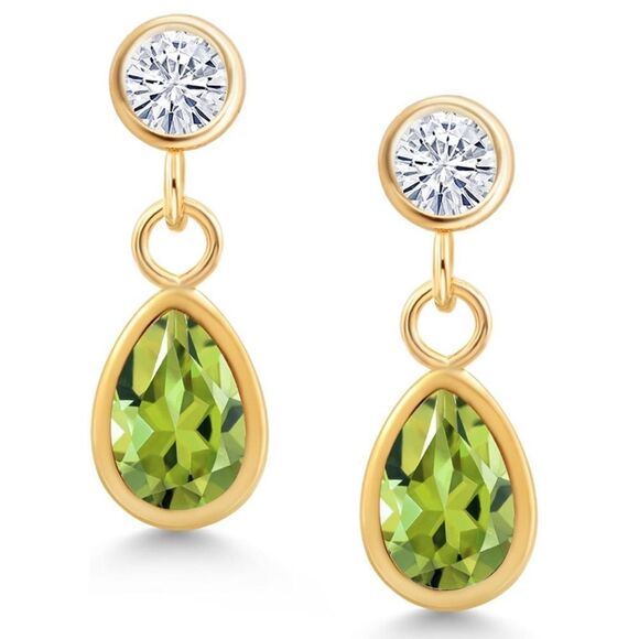 14K Yellow Gold with 1.03 Cttw Peridot and White Moissanite Post Back Earrings - Picture 1 of 4